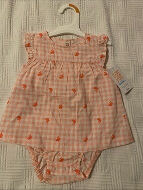 Carter's Pink Gingham Diaper Cover Dress with Orange Bunny Print size 12 months